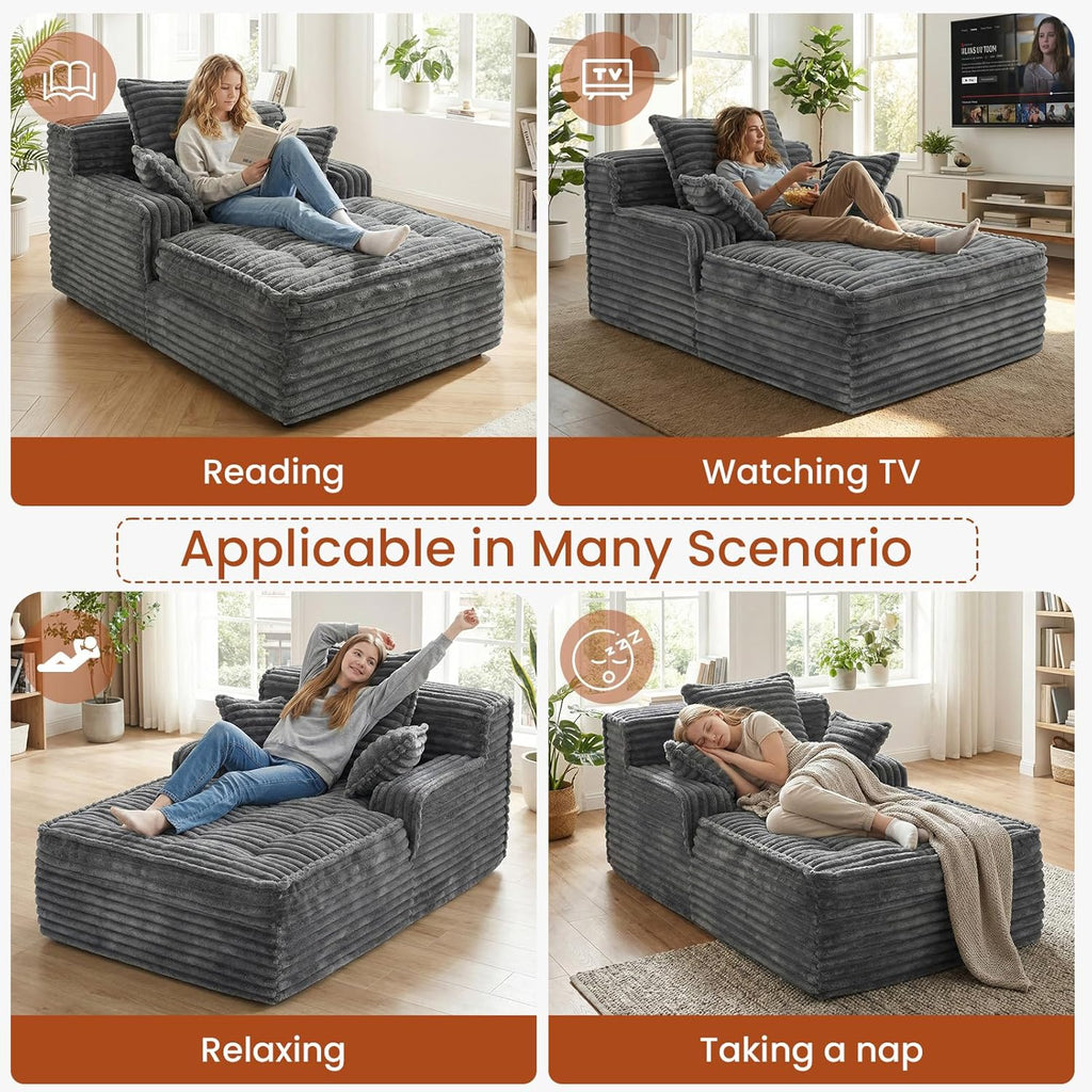Chaise Lounge Chair Indoor, Top Fixed-Point Comfort Layer Couch, 57'' Cloud Corduroy Sofa Bed, Block + Crumb Foam Construction, Deep Seat Reading Chair with 3 Pillows, No Assembly