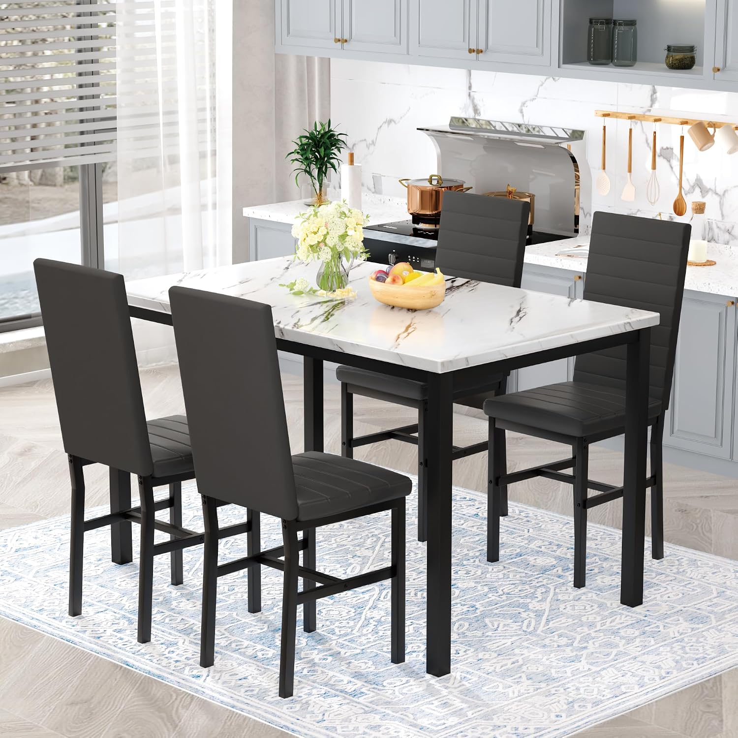 Hooseng 5 Piece Dining Table Set for 4, Faux Marble Kitchen Table with Upholstered Chairs, Modern Dinner Table Set for Dining Room, Small Spaces, White＆Black