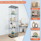 FANYUSHOW Tempered Glass Display Cabinet 4-Shelf Curio Cabinet with Security Lock 5mm Display Shelf Showcase for Living Room/Bedroom/Office- Black 64.7" H x 16.7" L x 14.37" W