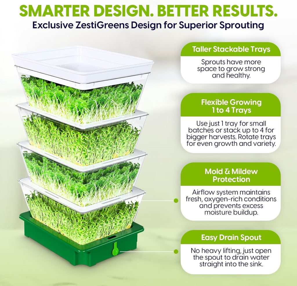 ZESTIGREENS 4-Tier Sprouting Kit with Drain Spout – Stackable Seed Sprouter Trays for Growing Fresh Sprouts at Home – BPA-Free, Easy Rinse & Drain System