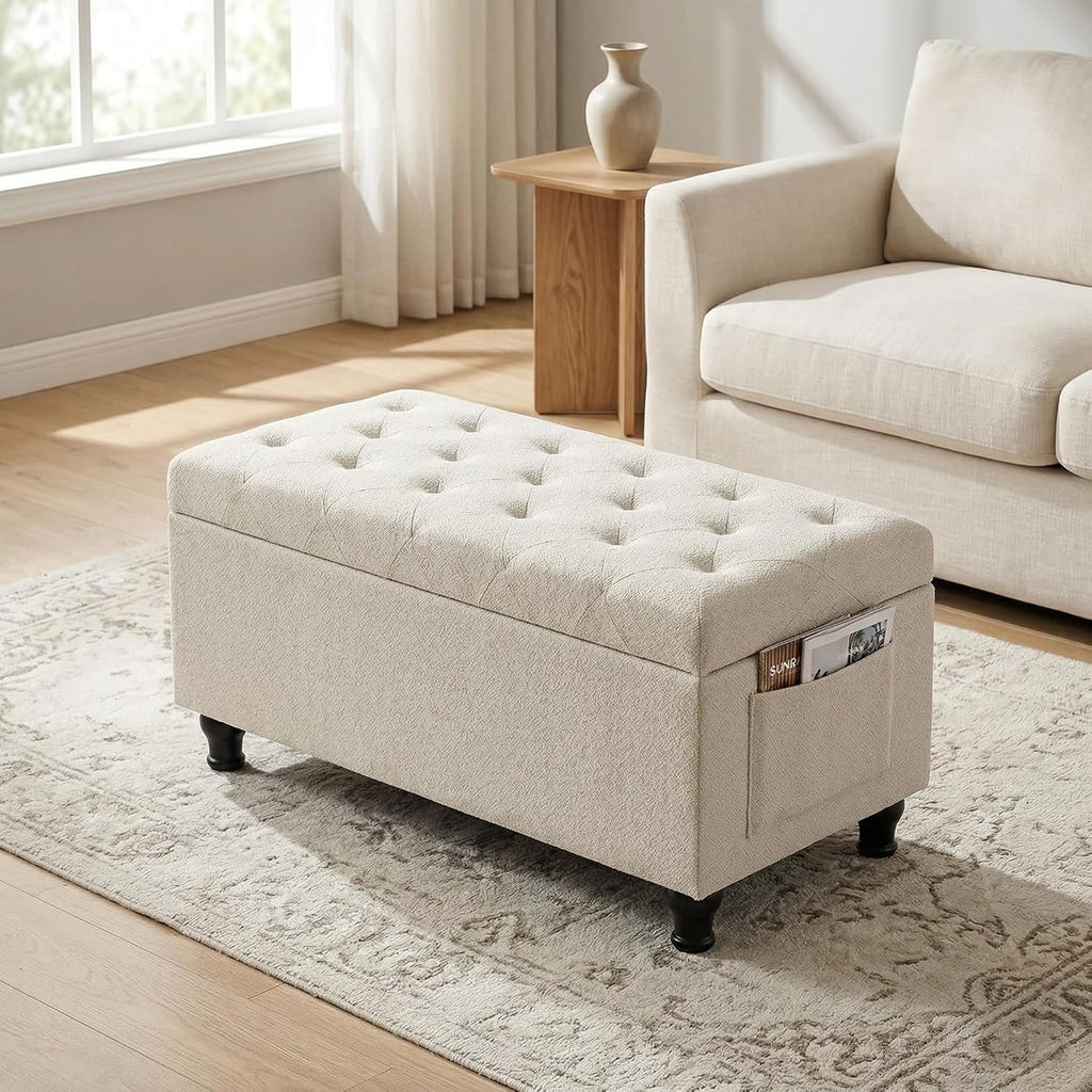 32'' Beige Fabric Upholstered Ottoman Storage Bench | Upholstered Ottoman with Storage for Living Room , Bedroom, Entrance Foot Rest Stool Shoe Bench Ottomans Footstools Couch