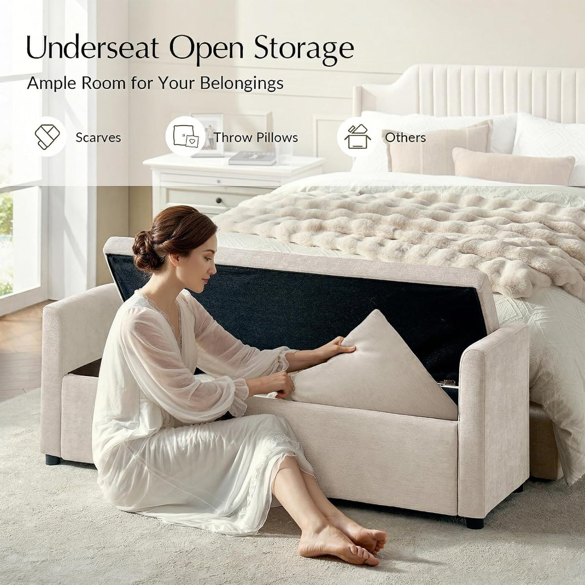 HULALA HOME 59" Storage Bench with 2 Throw Pillows, Modern Long Bedroom Bench for End of Bed, Comfy Upholstered Footstool for Entryway Living Room, Linen