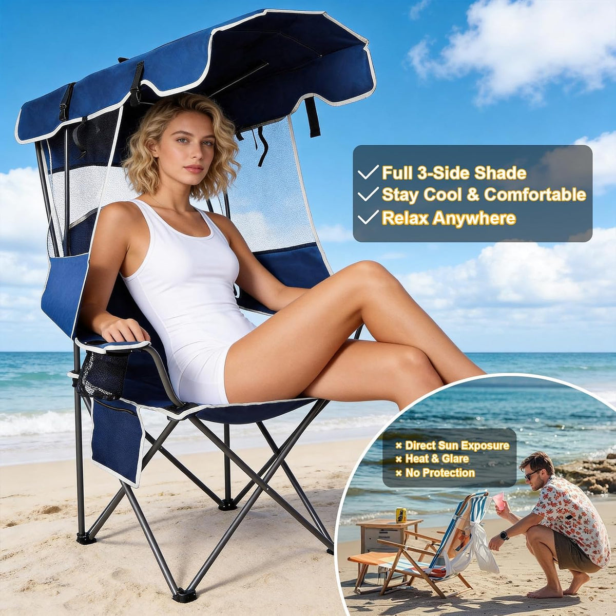 2 Pack Canopy Camping Chairs with Shade, Folding Beach Chair with Full Sun Protection, Portable Heavy Duty Outdoor Chair for Camping, Beach, Sports, Fishing, Lawn, Supports 400 lbs,Navy