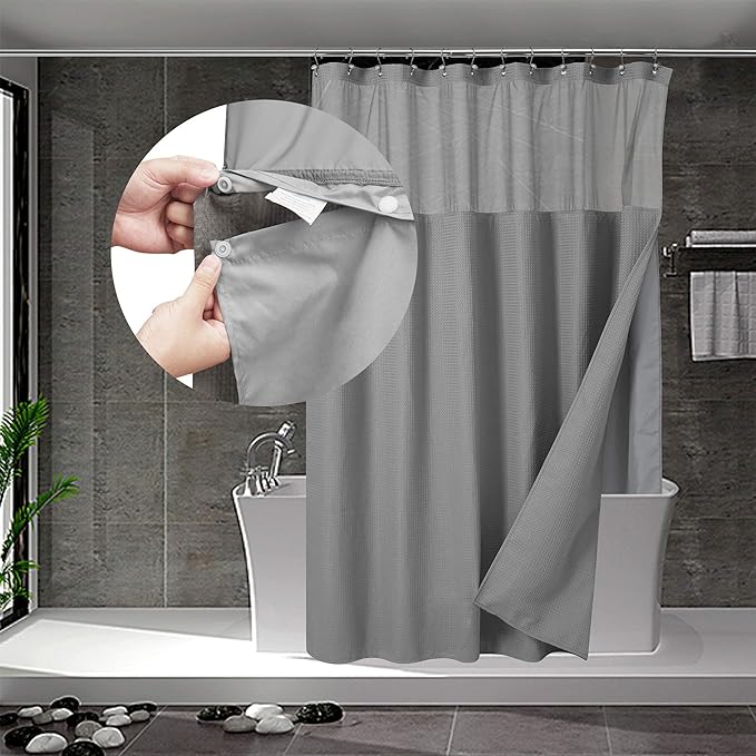 N&Y HOME Long Waffle Weave Shower Curtain with Snap-in Fabric Liner and 12 Hooks Set - 71" x 78", Hotel Style & Mesh Top Window, Machine Washable, Water Repellent - 71x78, Gray
