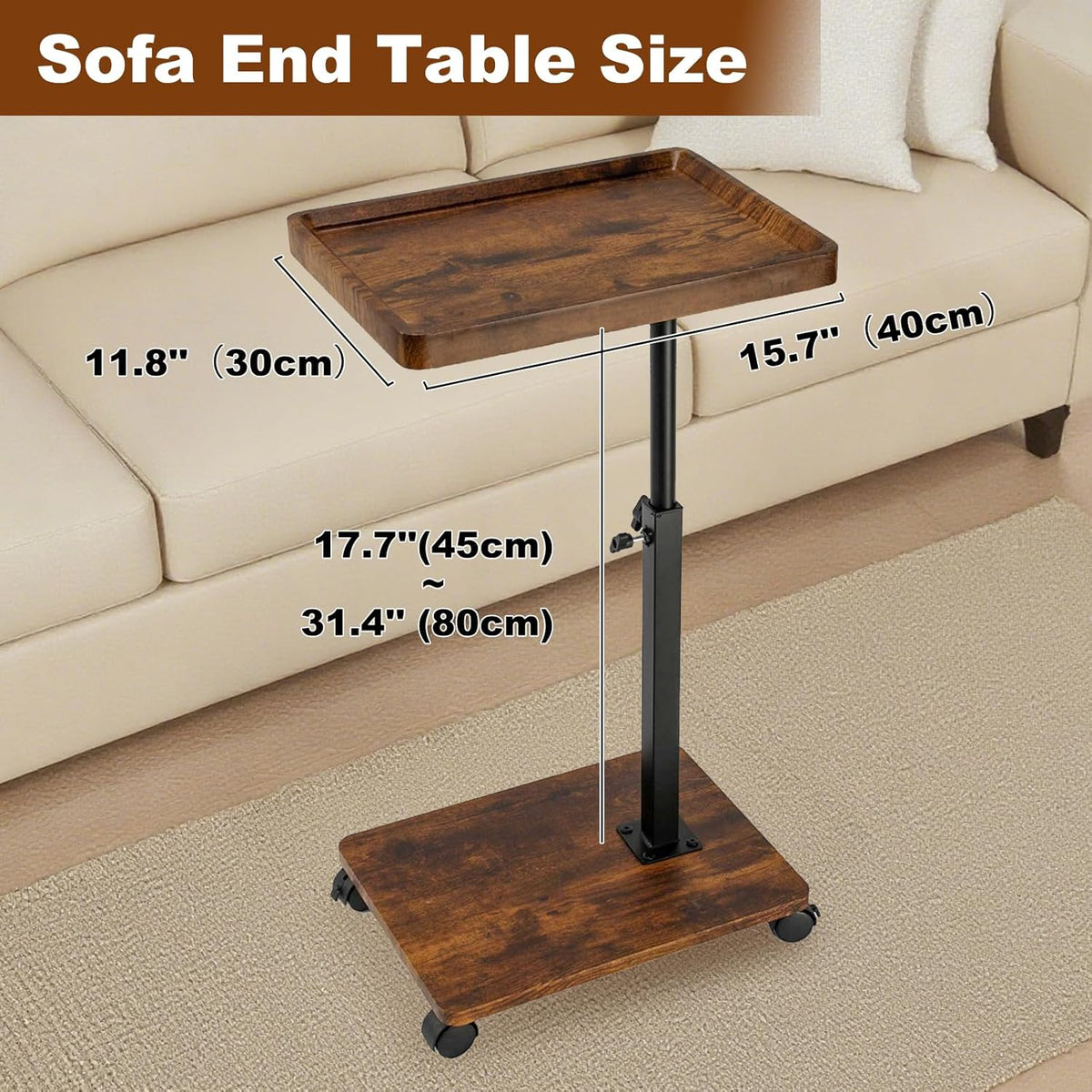 Side Table TV Tray for Couch,Height Adjustable C Shaped End Table for Small Spaces,Bedside Bathroom Living Room (Vintage Brown)