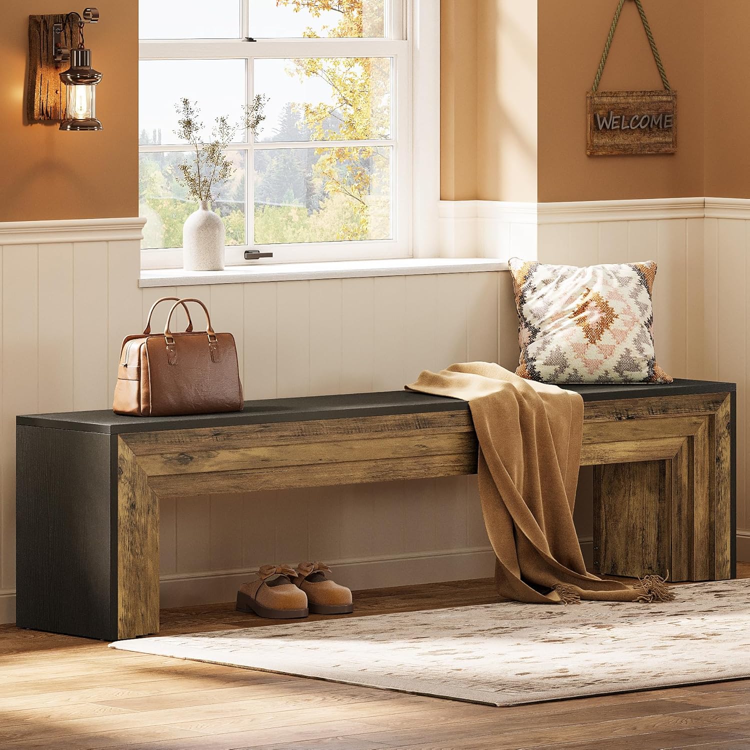 Tribesigns 71" Extra Long Rustic Entryway Bench, Modern Farmhouse Shoe Bench Wooden Indoor Seating with Layered Design for Hallway, End of Bed, Living Room, Dining Room, Black & Brown