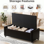 50” Ottoman Bench with Storage, Upholstered Faux Leather End of Bench for Bedroom, Load up to 660 lb, Fixed Base & Movable Swivel Wheels，Rectangular Tufted Entryway with Safety Hinge (Black)