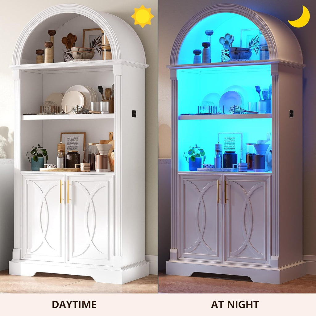 Vlsrka Kitchen Pantry Storage Cabinets with Adjustable Shelves, 71" Tall | Arched Wooden Cabinet with Doors, 3 Colors LED Lights, Motion Sensor, Freestanding, for Living/Dining Room, White