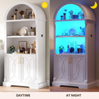 Vlsrka Kitchen Pantry Storage Cabinets with Adjustable Shelves, 71" Tall | Arched Wooden Cabinet with Doors, 3 Colors LED Lights, Motion Sensor, Freestanding, for Living/Dining Room, White