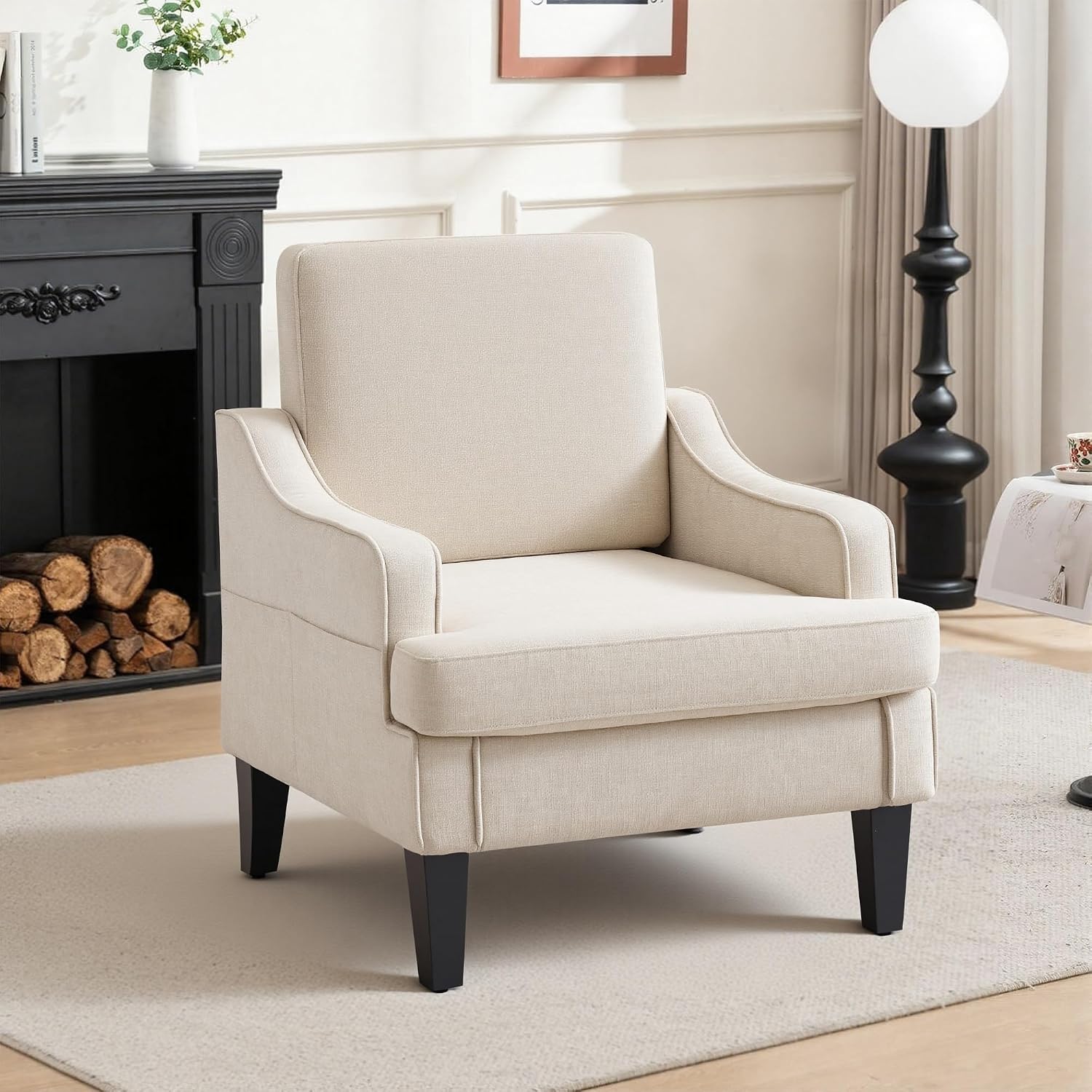 Accent Chair for Living Room,Mid-Century Arm Chair Fabric Living Room Chairs,Upholstered Reading Chair for Bedroom,Single Sofa Chair with Wood Legs for Apartment (Beige)