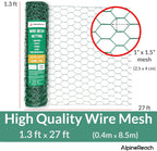 AlpineReach Chicken Wire 1.3ft x 27ft (15.6" x 324") for Floral Arrangements, Zip Ties - Green Mesh Roll Galvanized Hexagonal PVC Coated Garden Netting for Fencing, Crafts, Poultry, Gardening Fence