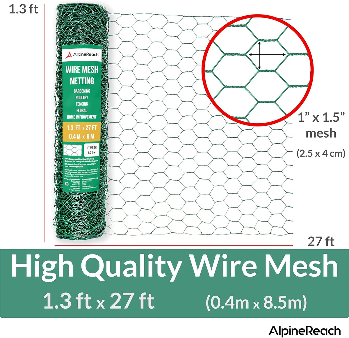 AlpineReach Chicken Wire 1.3ft x 27ft (15.6" x 324") for Floral Arrangements, Zip Ties - Green Mesh Roll Galvanized Hexagonal PVC Coated Garden Netting for Fencing, Crafts, Poultry, Gardening Fence