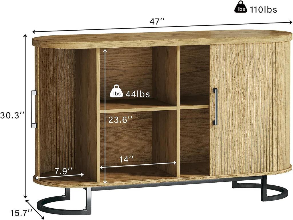 HUAHUU Sideboard Buffet Cabinet with Storage, 47.2" Fluted Storage Cabinet with Sliding Door & Adjustable Shelf, Modern Accent Coffee Bar Console Cabinet for Living Room Kitchen, Natural Oak