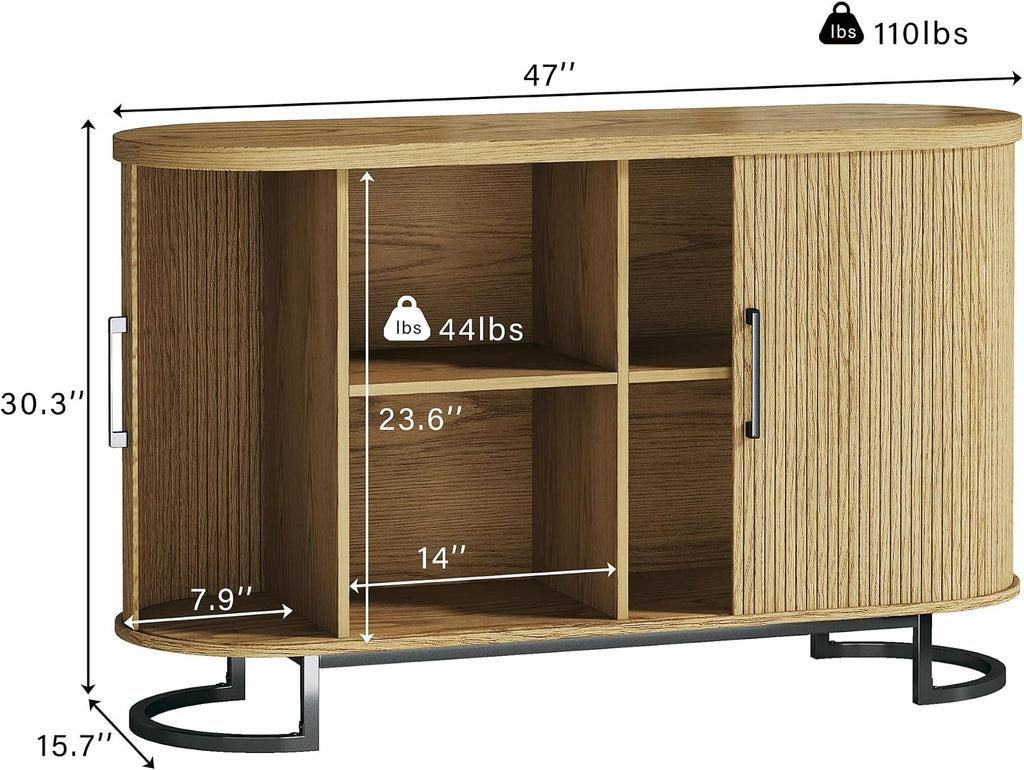 HUAHUU Sideboard Buffet Cabinet with Storage, 47" Fluted Tambour, Adjustable Shelves, Mid Century Modern Console for Living Room Kitchen Wood