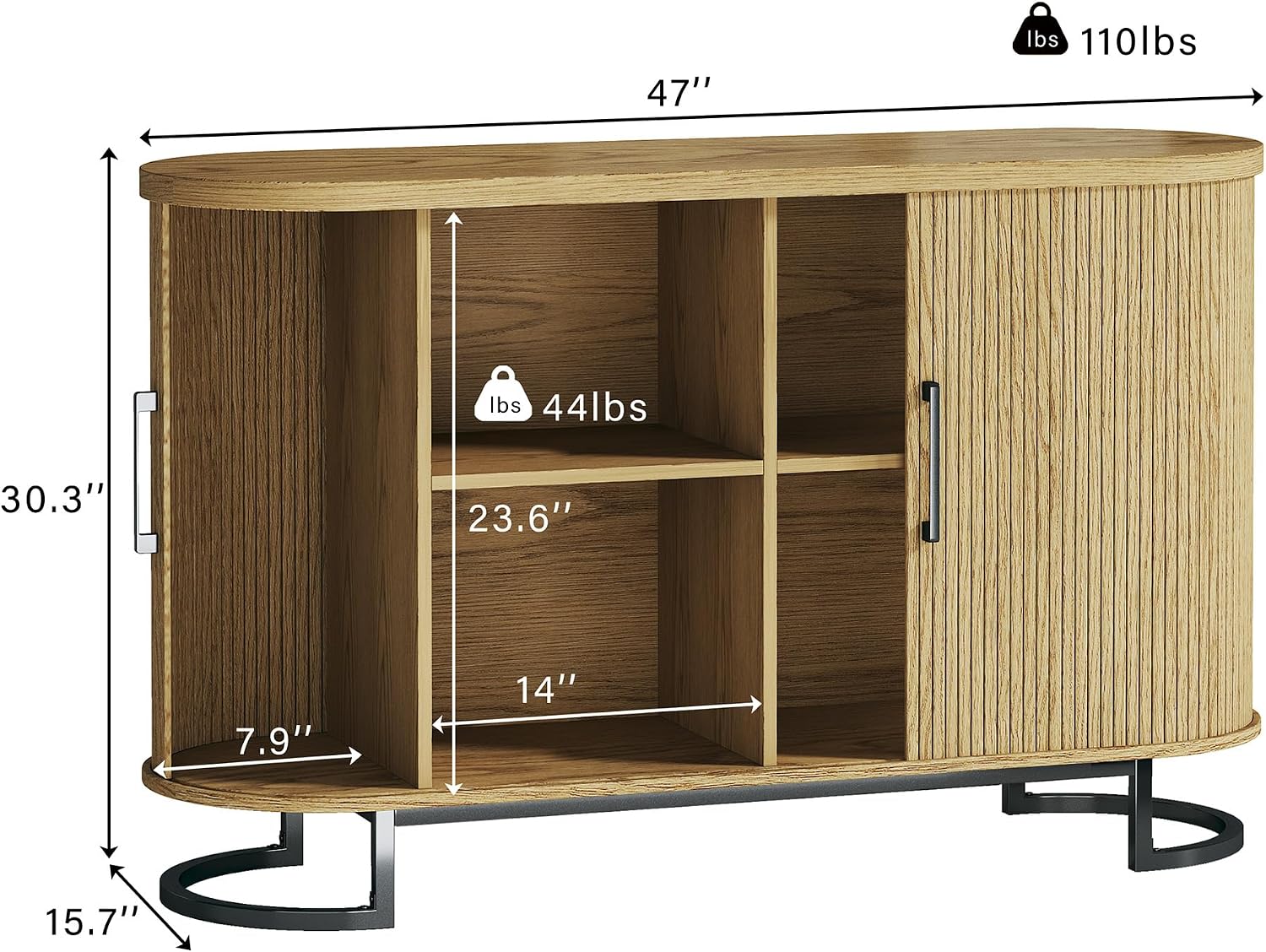 HUAHUU Sideboard Buffet Cabinet with Storage, 47" Fluted Tambour, Adjustable Shelves, Mid Century Modern Console for Living Room Kitchen Wood