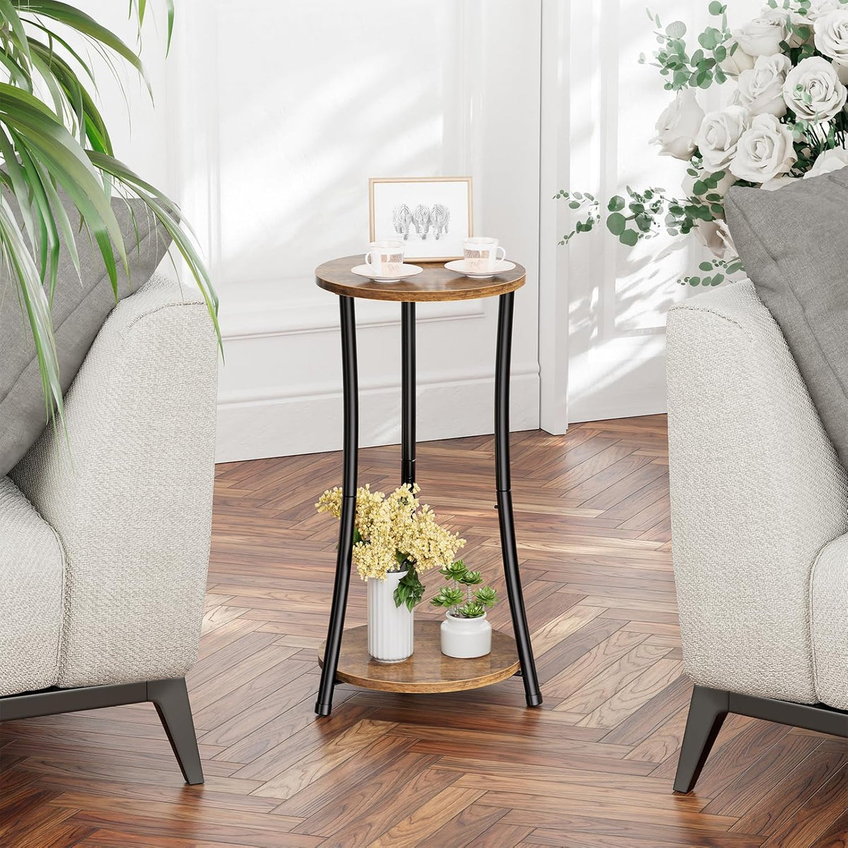 Simple Trending Round Side Table, 2 Tiers End Table for Living Room with Storage Shelf, Slim Sofa Table Set of 2, Rustic Brown