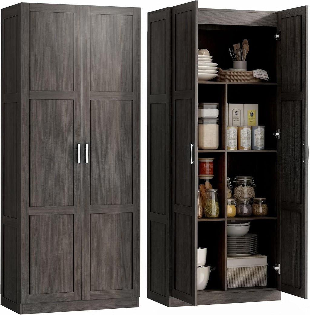 HOMCOM 71" Tall Kitchen Pantry Cabinet with 4 Adjustable Shelves Espresso | Large Multipurpose Storage Cabinet, Modern Farmhouse Freestanding Food Pantry, Framed Doors, Soft-Close Hinges