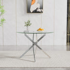 Glass Dining Table Set for 4, Modern 36" Round Kitchen Table with 4 Velvet Dining Chairs and Silver Cross Metal Legs, Modern Circle Dinner Table Set, 5 Piece Dining Set for Kitchen
