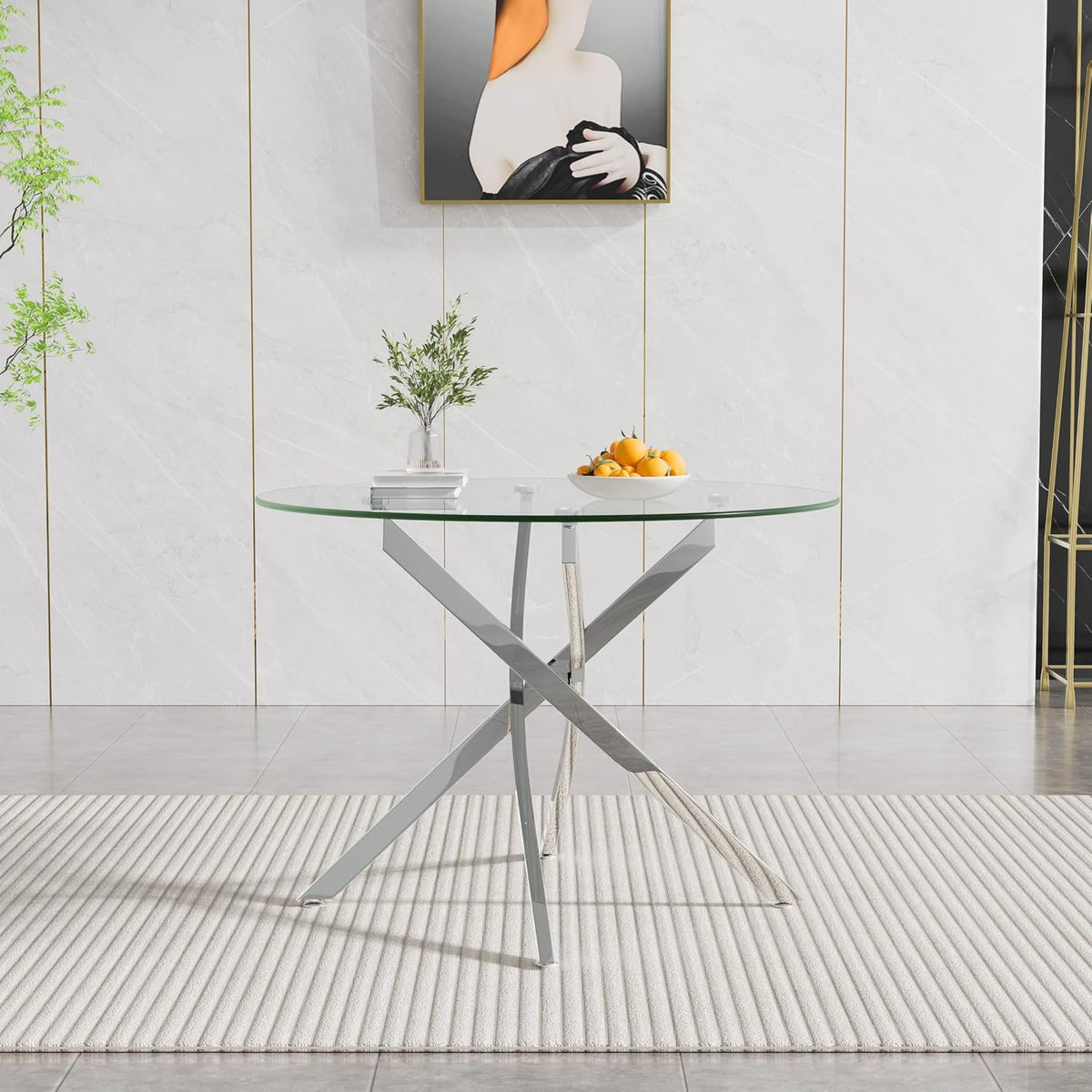 Glass Dining Table Set for 4, Modern 36" Round Kitchen Table with 4 Velvet Dining Chairs and Silver Cross Metal Legs, Modern Circle Dinner Table Set, 5 Piece Dining Set for Kitchen