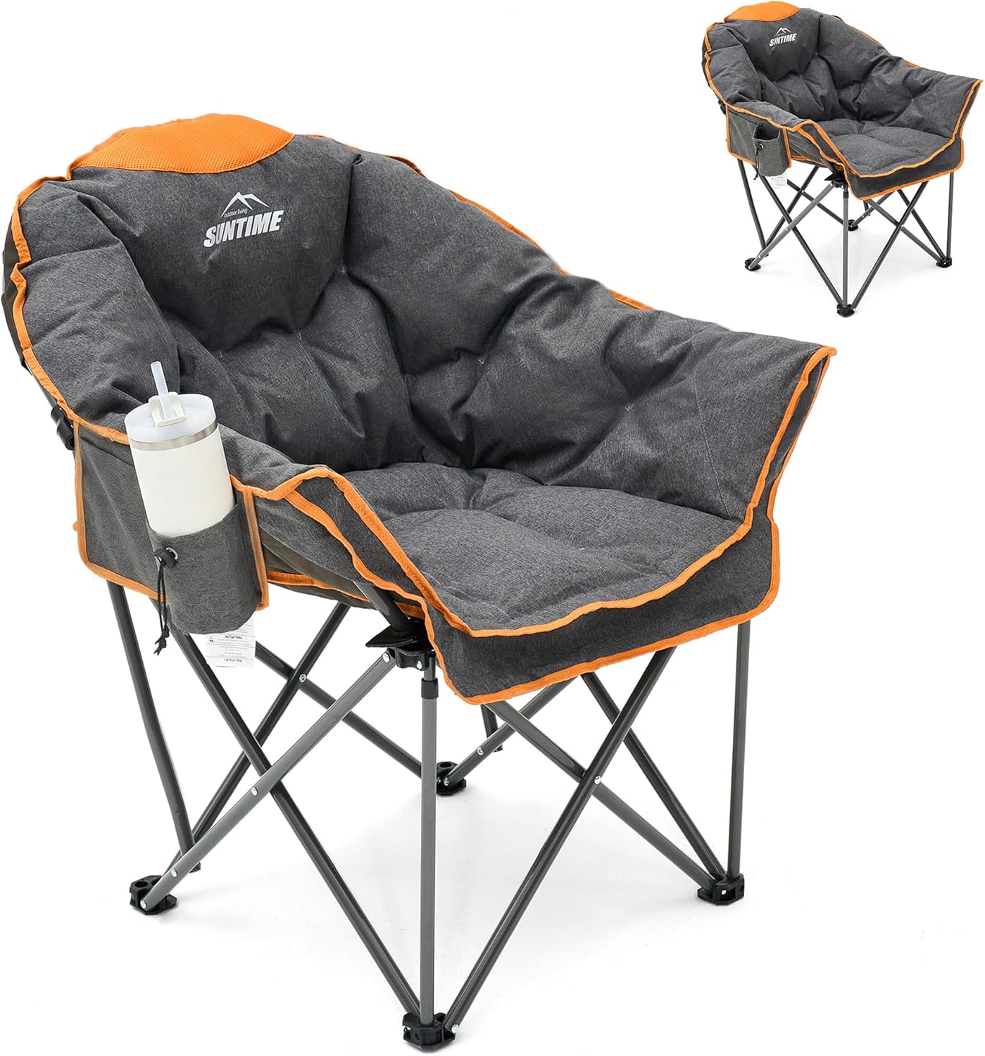 Upgrade Oversized Padded Camping Chair with Adjustable Cup Holder,Weight Capacity 400 LBS,Built-in Comfy Foam Armrest Supports,Heavy Duty Moon Leisure Folding Chair for Camping, Orange (2 Pack)