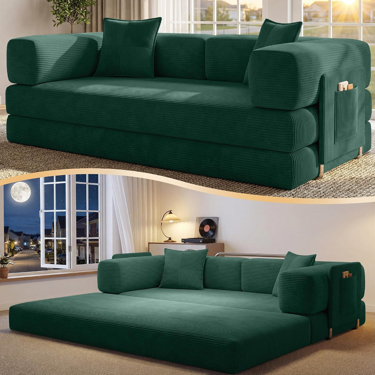 78.8" Convertible Futon Sofa Bed, Couch for Living Room | Corduroy Loveseat Sleeper Sofa, Modular Futon Couch with Storage Pocket, Pull Out Couch No Assembly | Forest Green