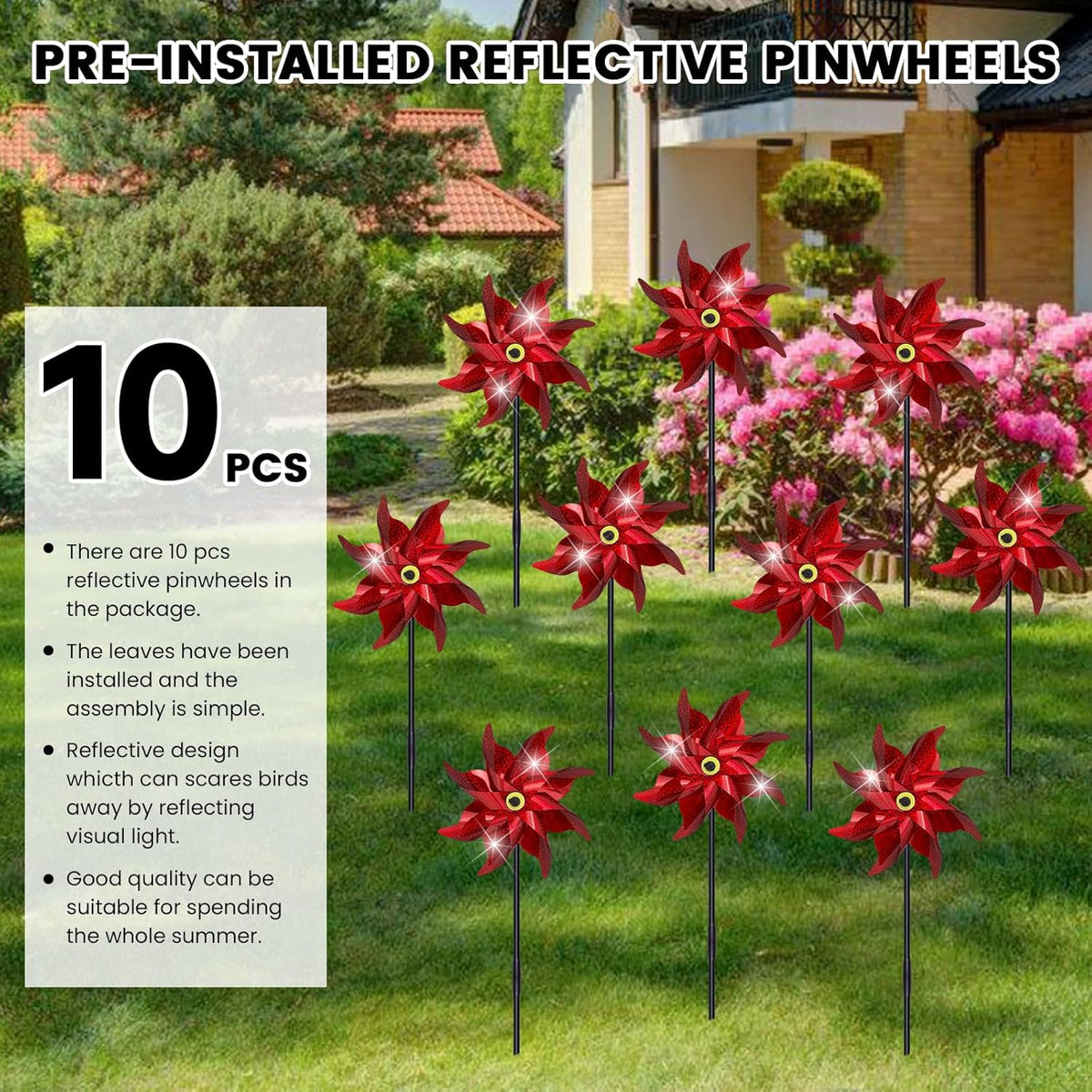 10 PCS Reflective Pinwheels for Yard and Garden Bird Devices Pre-Installed Sparkly Wind Spinner Deterrent to Scare Birds Away from Yard Patio Farm (Red)