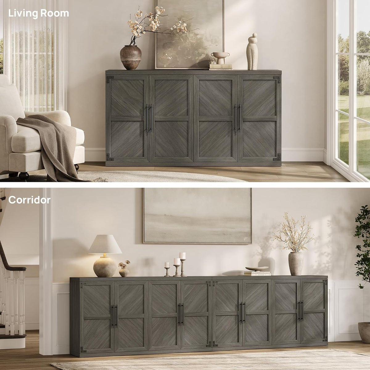 SICOTAS Buffet Cabinet with 4 Doors, Modern Sideboard Cabinet with Storage and Adjustable Shelves, Large Credenza Storage Cabinet (1, Ash Gray)