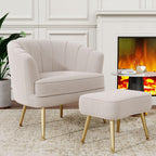 Andeworld Velvet Accent Chair with Ottoman, Barrel Armchair, Beige | Velvet Upholstery Side Chair, Includes Ottoman, Golden Metal Legs, 350 Lb Capacity, Living Room Bedroom Office