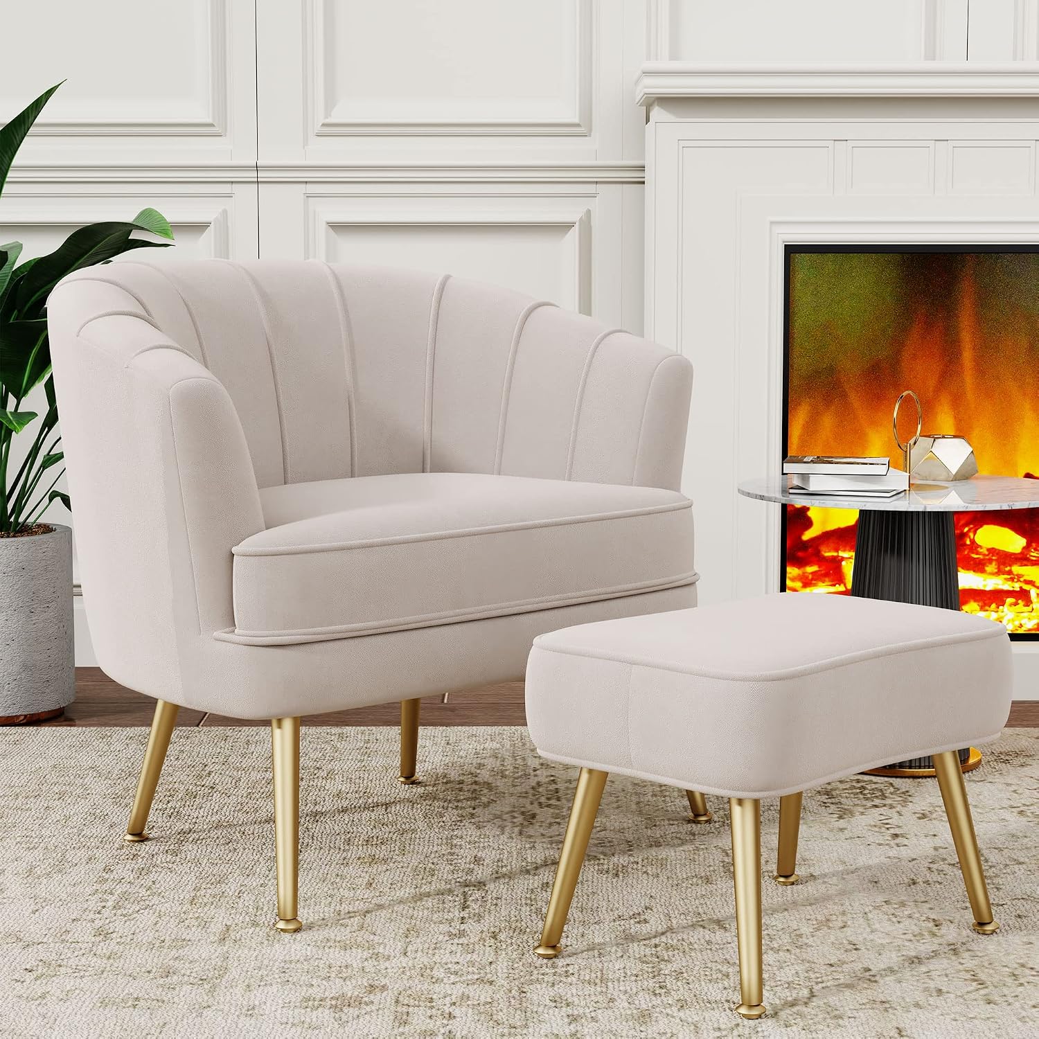 Andeworld Velvet Accent Chair with Ottoman, Barrel Armchair, Beige | Velvet Upholstery Side Chair, Includes Ottoman, Golden Metal Legs, 350 Lb Capacity, Living Room Bedroom Office