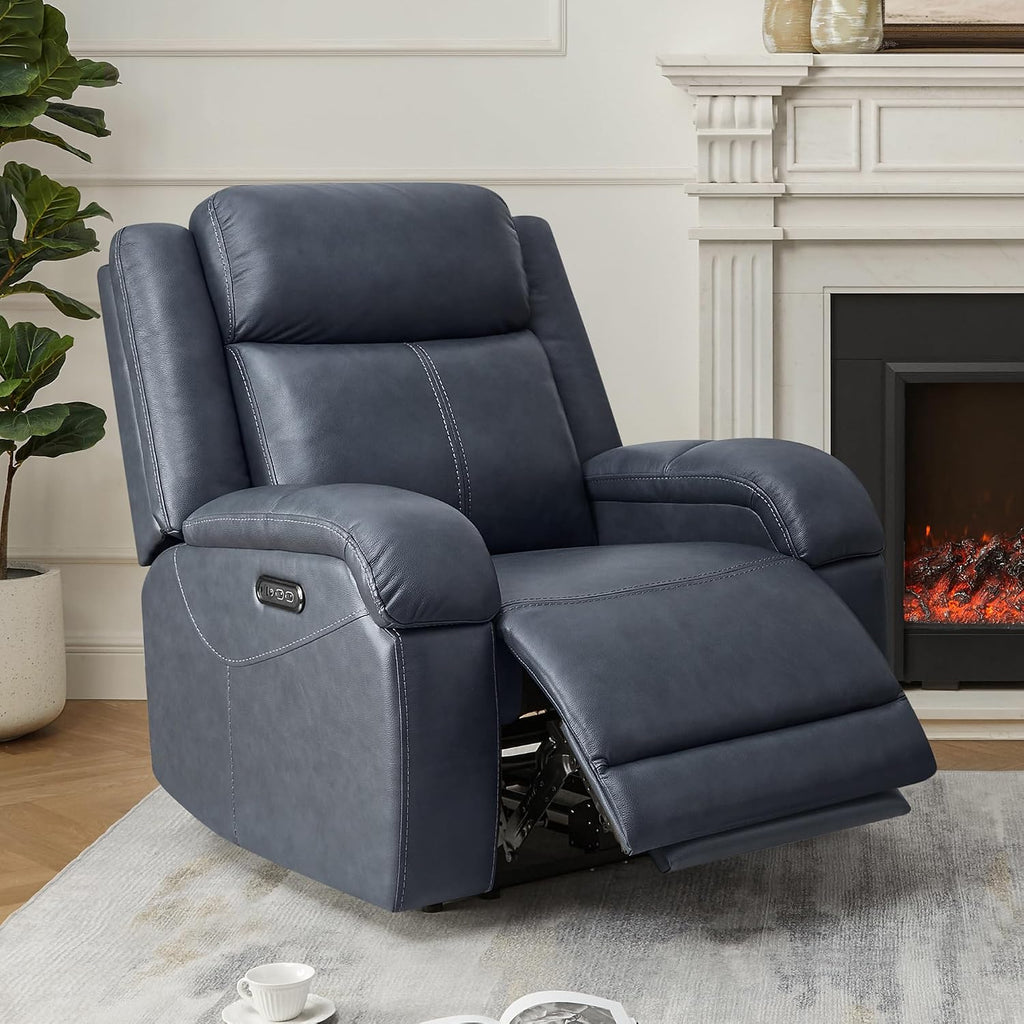 Watson & Whitely Oversized Genuine Leather Power Recliner Chairs for Big and Tall, Wall Hugger Recliner with Power Headrest & Charging Ports, Extra Large Reclining Chair for Living Room, Navy Blue