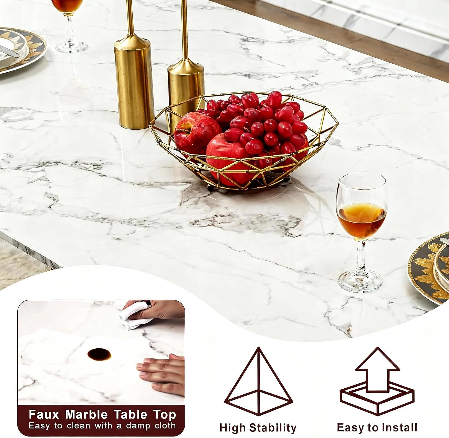 Luxury Rectangle Faux Marble 70" White Dining Table for 6-8 People, Modern Large Kitchen Table with Silver Mirrored Stainless Steel Leg Base, Dining Table for Dining/Living Room, Office (One Table)