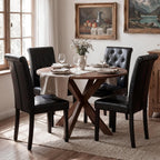 LSSBOUGHT Modern Tufted Dining Chairs Set of 6, Button Padded Leather Kitchen Chairs with Solid Wood Legs (Black, Set of 6)