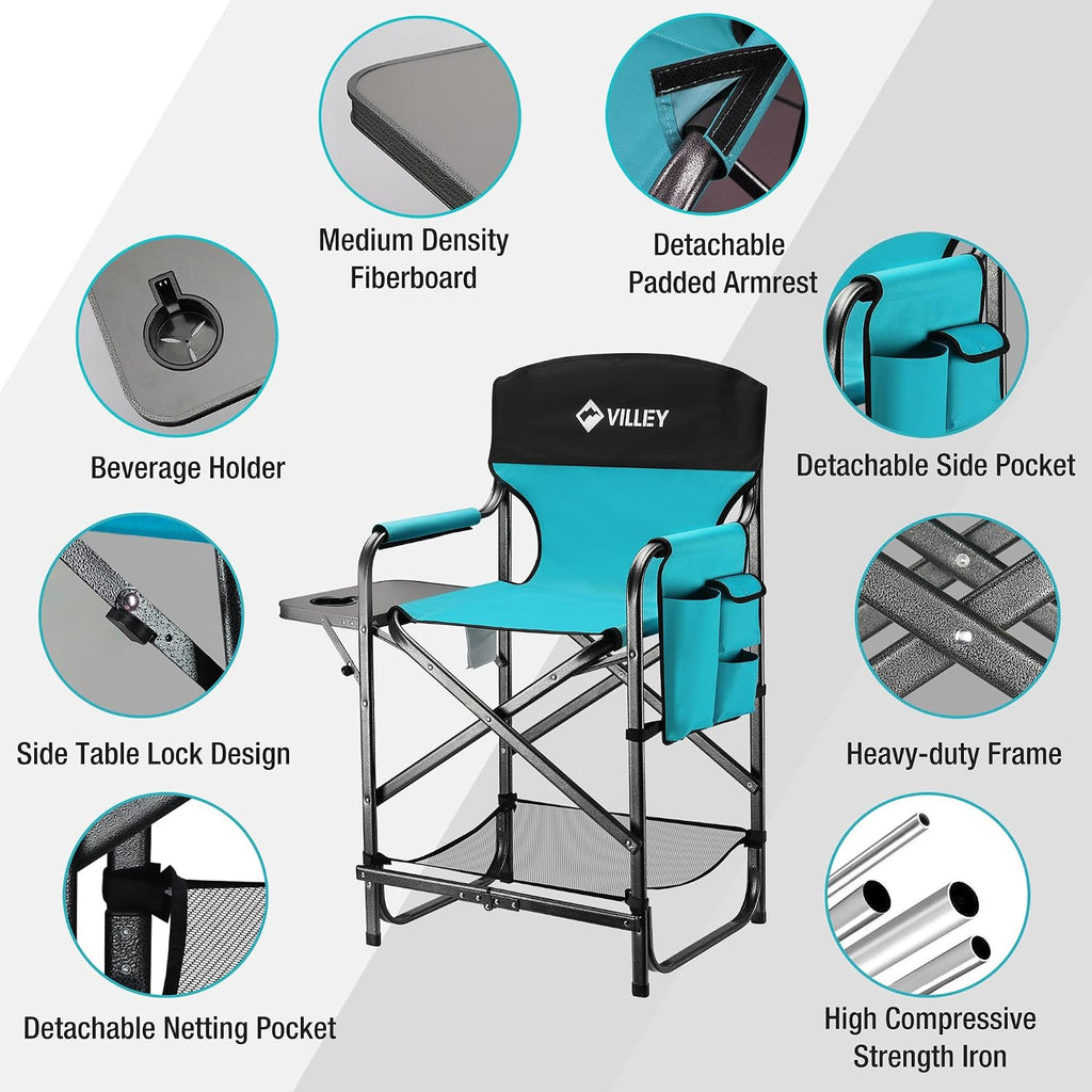 VILLEY Tall Directors Chair, Folding Camping Chair with Footrest | Heavy Duty 900D Oxford Fabric, 350 lbs Capacity, Portable Folding Seat with Side Table for Outdoor Events, Camping & Fishing