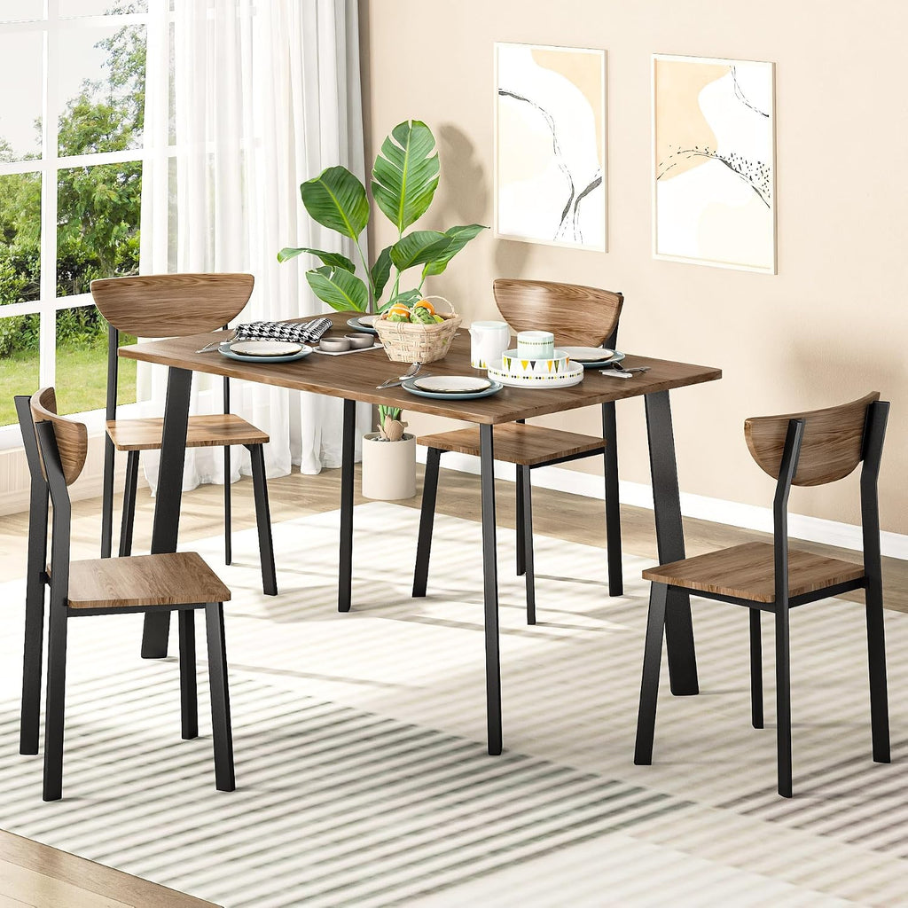 furlinkhm Kitchen Dining Table Set for 4, Modern Rectangular 5 Piece Dining Room Table and Chairs Set, Brown Wooden Metal Table Set for Family Dinner, Party, Afternoon Tea and Work (Curved Moon)