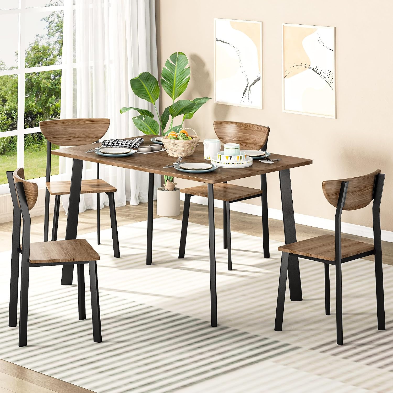 furlinkhm Kitchen Dining Table Set for 4, Modern Rectangular 5 Piece Dining Room Table and Chairs Set, Brown Wooden Metal Table Set for Family Dinner, Party, Afternoon Tea and Work (Curved Moon)