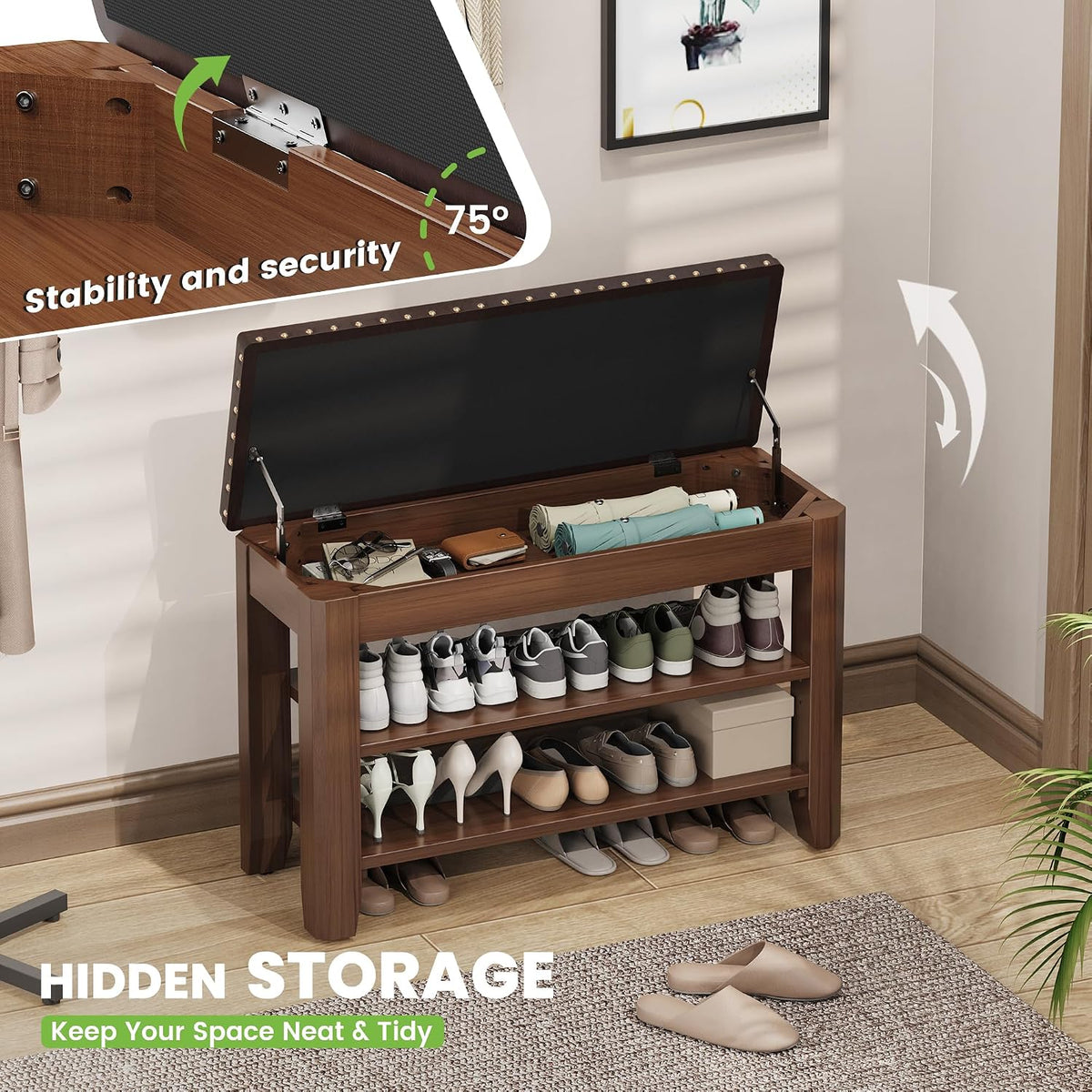 Shoe Bench for Entryway, Solid Rubberwood Shoe Bench with Hidden Storage, Adjustable 2-Tier Shelves & Soft PU Leather Seat, Shoe Rack Durable Easy Assembly for Hallway or Bedroom - Brown, 31.5"