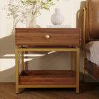 WiberWi End Table with Drawer and Open Shelf, 2 Tiers Sofa Side Table with Gold Metal Frame for Living Room, Modern Nightstand Bedside Table for Bedroom, Walnut