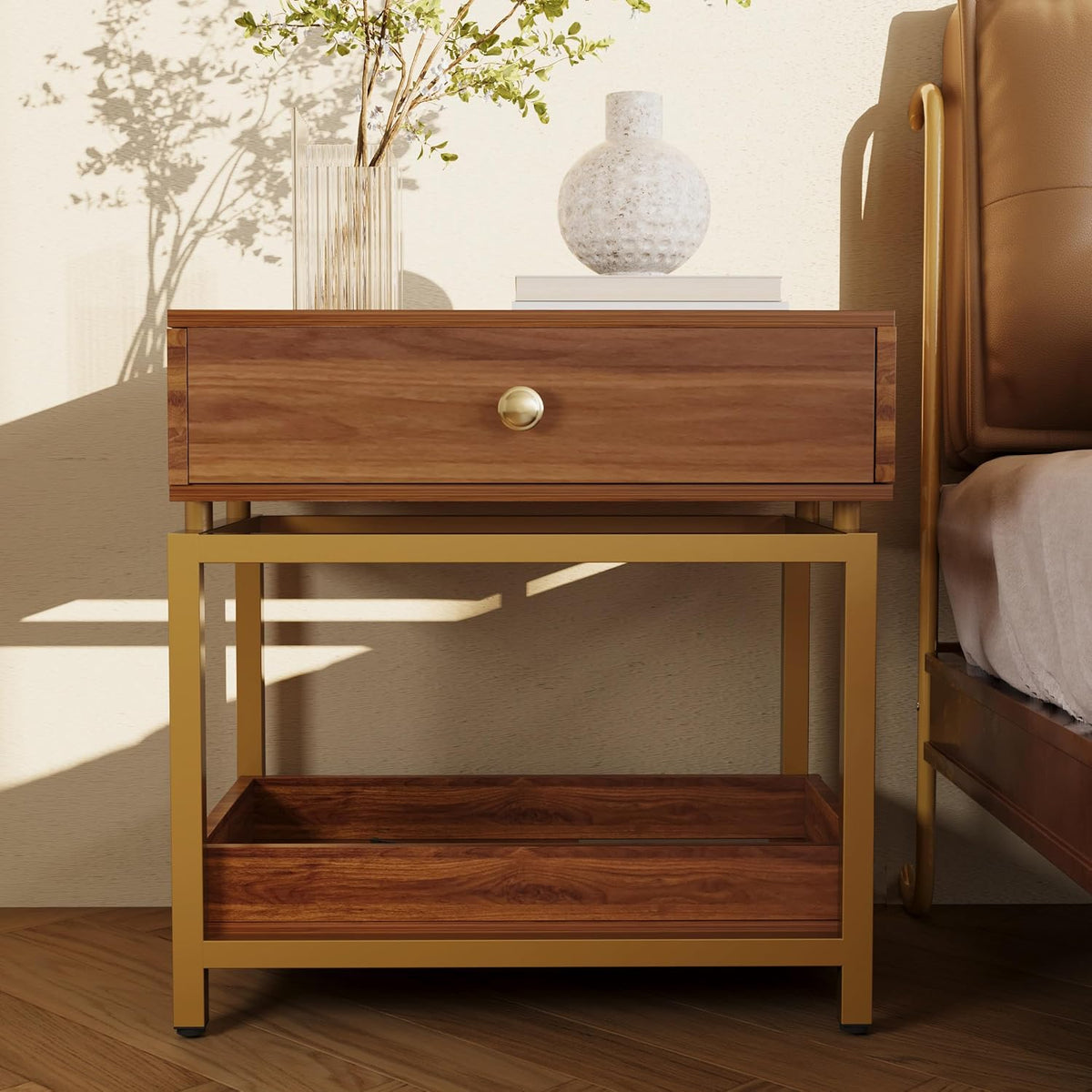 WiberWi End Table with Drawer and Open Shelf, 2 Tiers Sofa Side Table with Gold Metal Frame for Living Room, Modern Nightstand Bedside Table for Bedroom, Walnut
