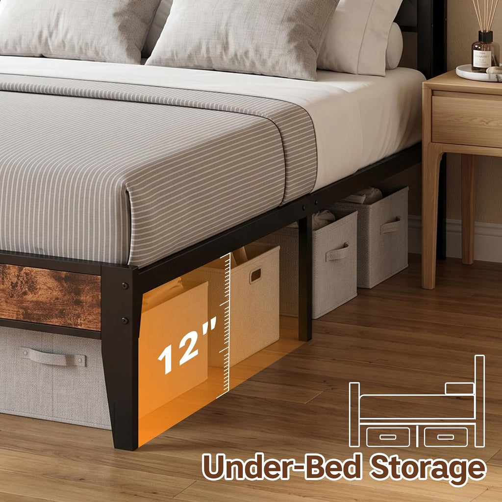 King Bed Frame with Charging Station & 2-Tier Storage Headboard, Grey