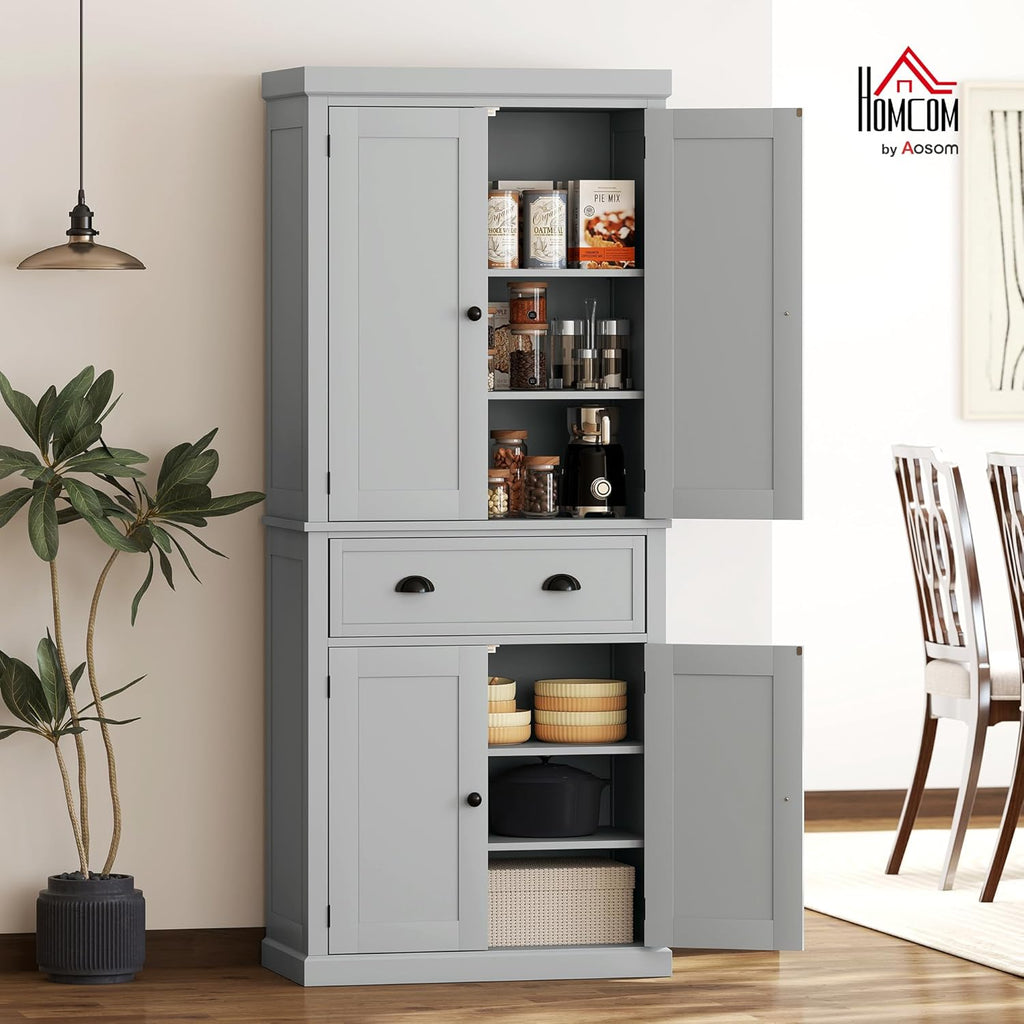 HOMCOM 72.5" Kitchen Pantry Cabinet, Traditional Freestanding Storage Cabinet with 4 Doors, Drawer and 3 Adjustable Shelves for Dining Room, Gray