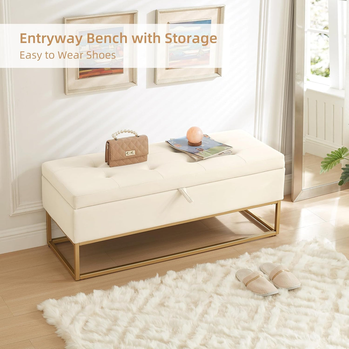 46" End of Bed Bench, Storage Bench with Metal Base Holds up to 500 lbs, Button Tufting Design Velvet Upholstered Bedroom Bench for End of Bed, Livingroom, Entryway, Window, Beige