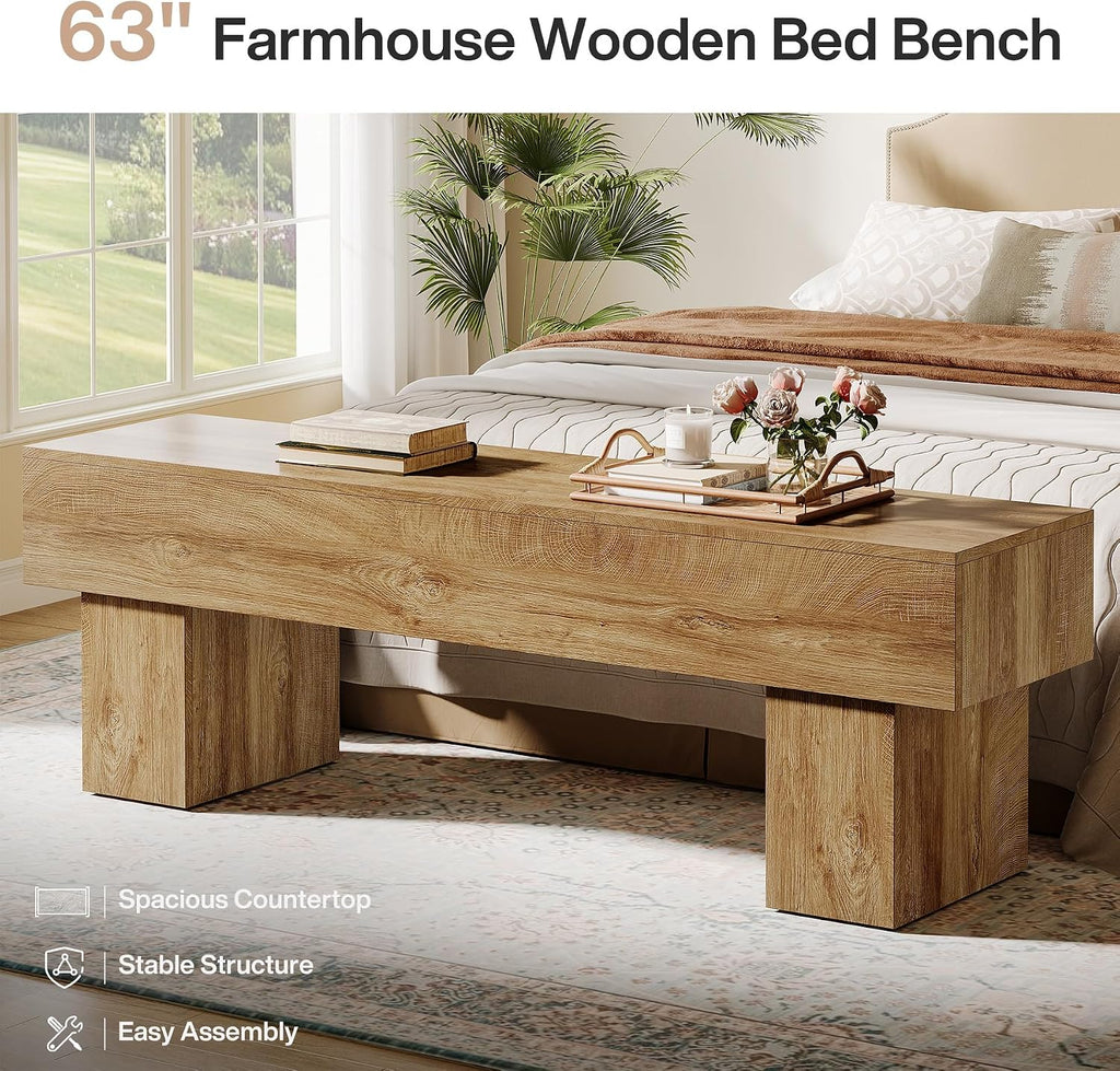 Tribesigns 63“ Extra Long Entryway Bench, Indoor End of Bed Bench for Bedroom, Farmhouse Wooden Shoe Seat Dining Bench for Dining Room, Living Room, Hallway, Light Brown