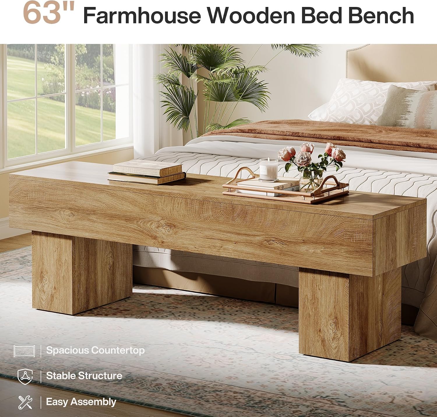 Tribesigns 63“ Extra Long Entryway Bench, Indoor End of Bed Bench for Bedroom, Farmhouse Wooden Shoe Seat Dining Bench for Dining Room, Living Room, Hallway, Light Brown