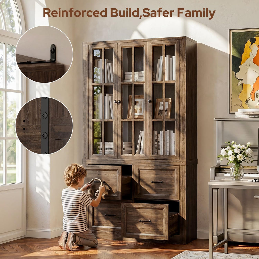 80" Modular Kitchen Pantry Cabinet, 2-in-1 Freestanding Tall Pantry Cabinet with Glass Doors & Adjustable Shelves, Large Hutch Storage Cabinet for Kitchen & Living Room (2, Cracked Oak, AB)