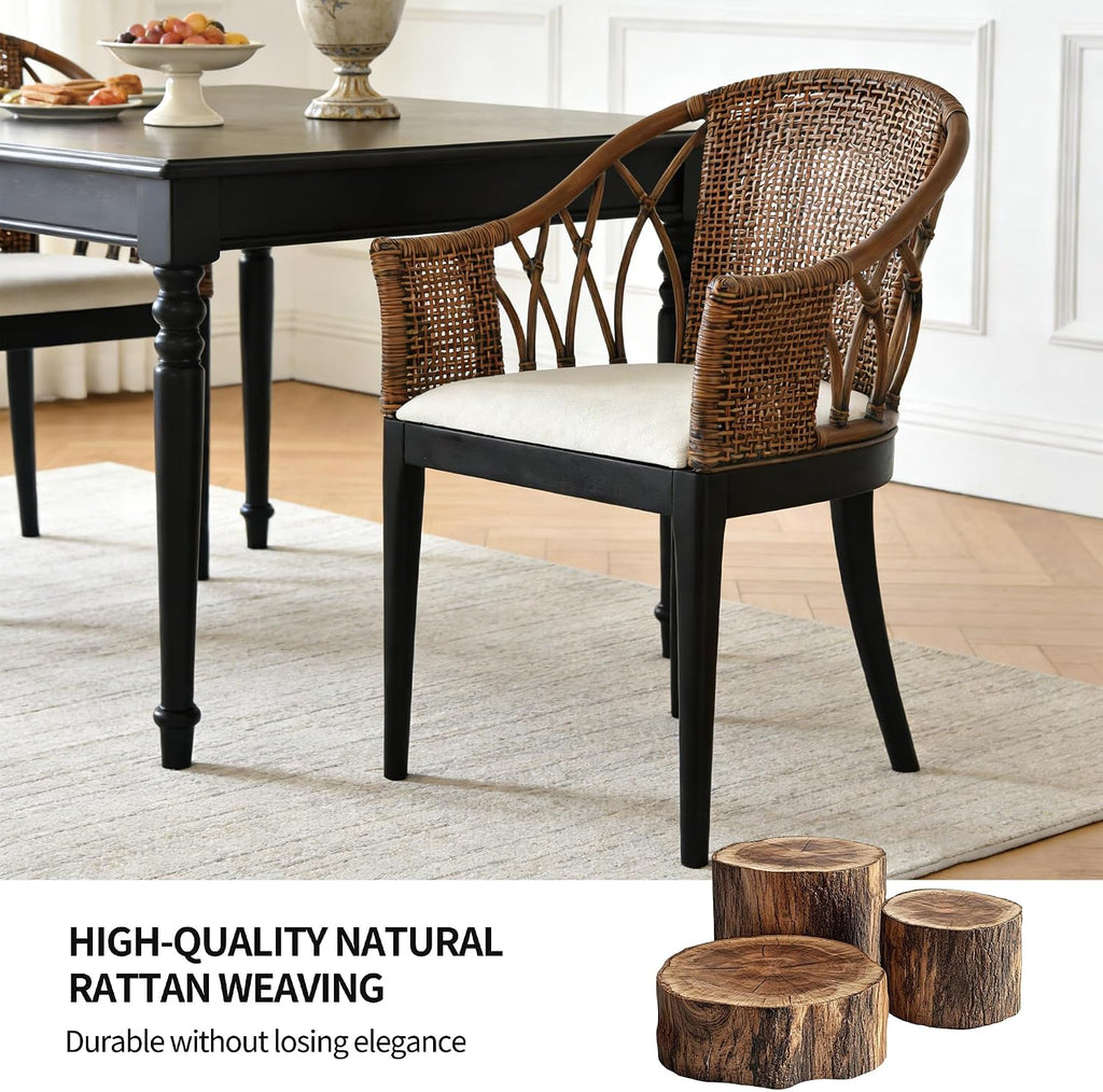 DUHOME Wood Rattan Arm Accent Chair Natural Wash/White Cushion Side Armchair Gianni Brown & Black Solid Living Room Chair for Living Room Bedroom Office Foyer Arm Chair