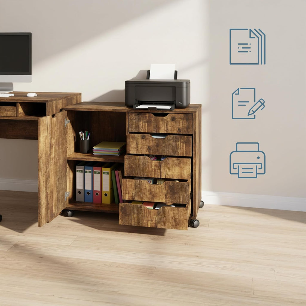 Relaxdays mobile storage cabinet, 5 drawers & 2 compartments, HWD: 65x78x40 cm, office cabinet with wheels, brown