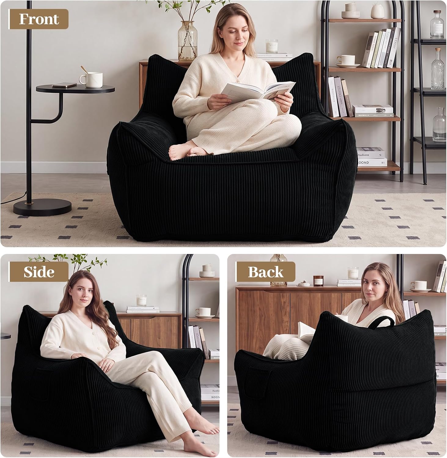Vipbear Bean Bag Chair for Adults, Chair with Memory Foam | 35.5" Corduroy Beanbag Washable, Cozy Fluffy Chair with Pocket & Handle, Ergonomic Bedroom Sofa Chair for Gaming, Reading