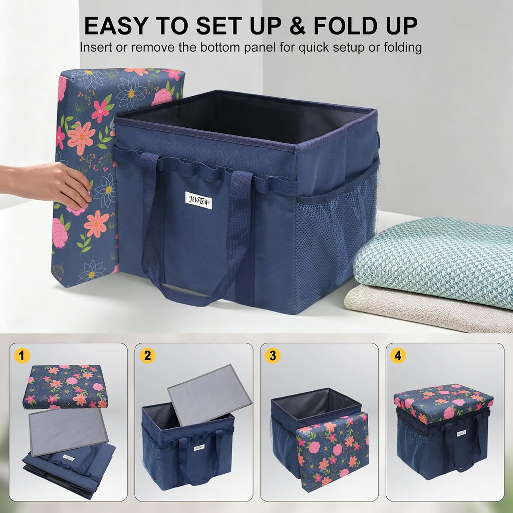 49L Floral Foldable Storage Ottoman 220lb Heavy Duty Sitting Stool | 2-in-1 Seating footrest, Thick floral padded seat, Mesh side pockets, Padded handles, For home camping picnic