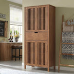 BVIUNTWO Farmhouse Wooden Kitchen Pantry Storage Cabinet, Tall Storage Cupboard with Slatted Doors & Drawer, 68.8" Freestanding Cabinet for Kitchen, Dining Room, Living Room, Brown
