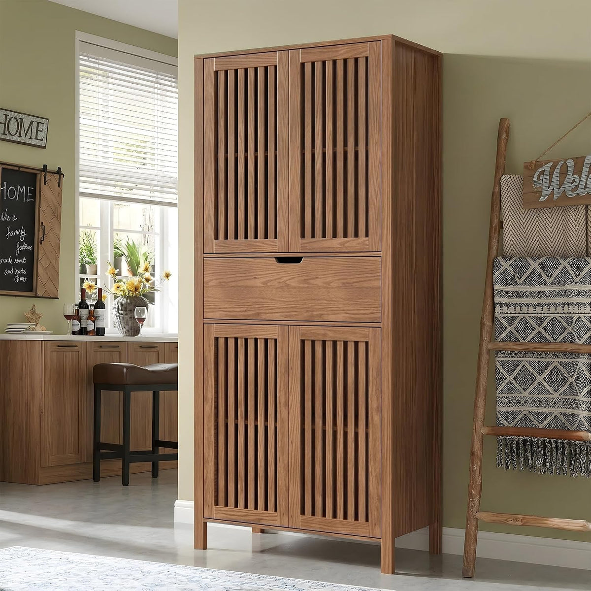 BVIUNTWO Farmhouse Wooden Kitchen Pantry Storage Cabinet, Tall Storage Cupboard with Slatted Doors & Drawer, 68.8" Freestanding Cabinet for Kitchen, Dining Room, Living Room, Brown